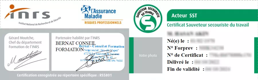 Carte SST ou il est écrit la validité de la formation SST de Bernat Conseil et Formation