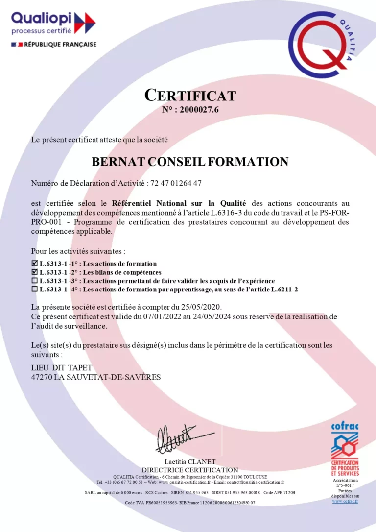 Certificat Qualiopi de Bernat Conseil et Formation pour les activités actions de formation et bilan de compétences